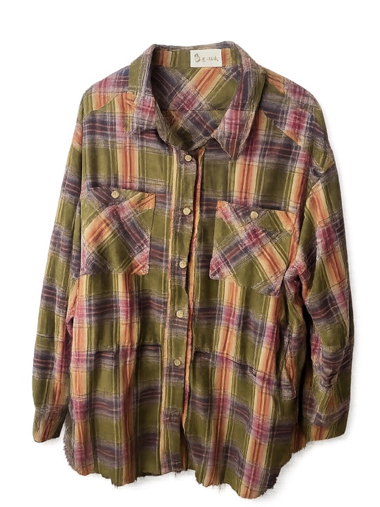 Oli & Hali Tops - Oli & Hali Plaid Tiered Button Front Shacket Shirt Olive Purple Raw Hem Size M